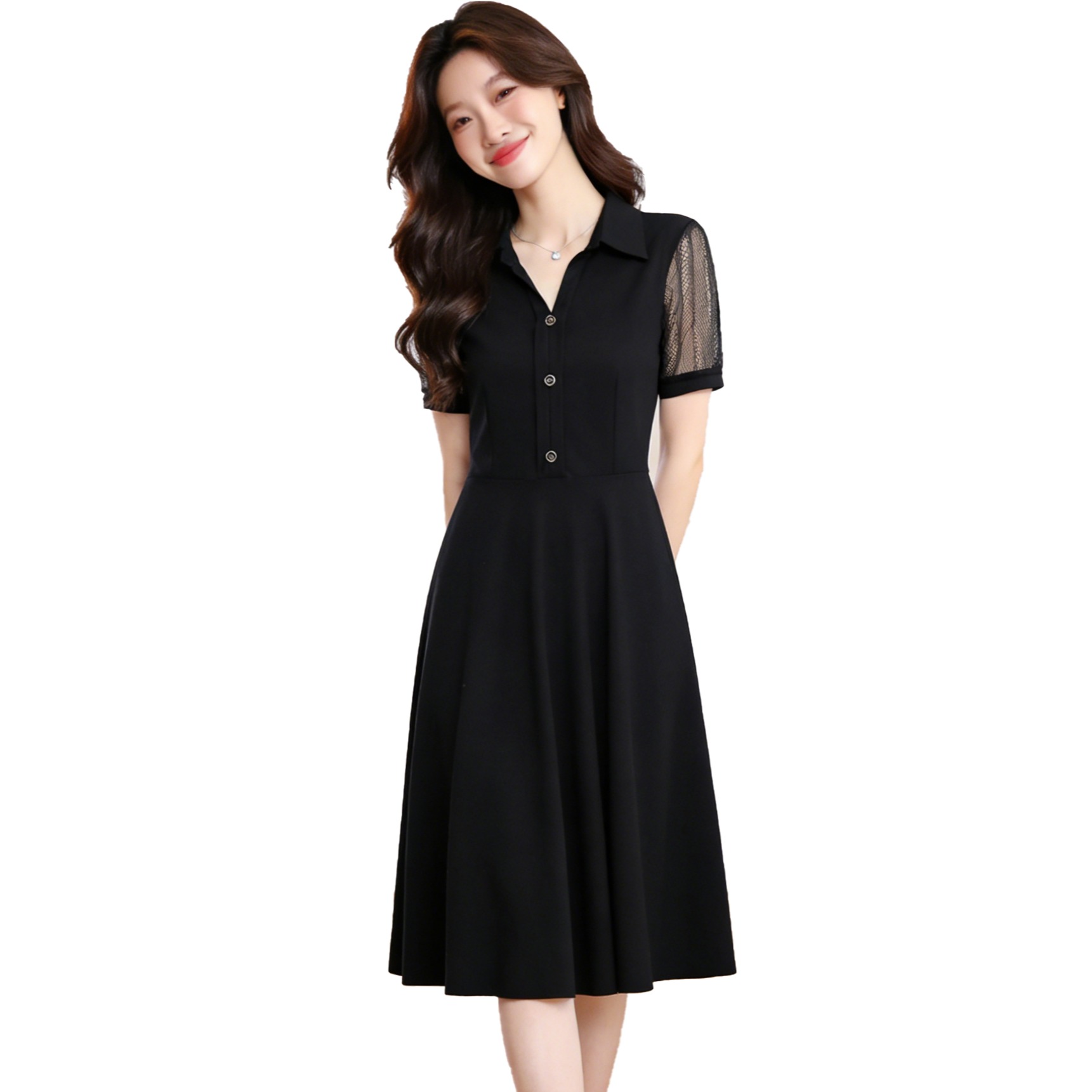 2026-summer-new-womens-plus-size-slimming-hollow-lace-short-sleeve-midi-dress_4 2026 Summer New Women's Plus Size Slimming Hollow Lace Short Sleeve Midi Dress