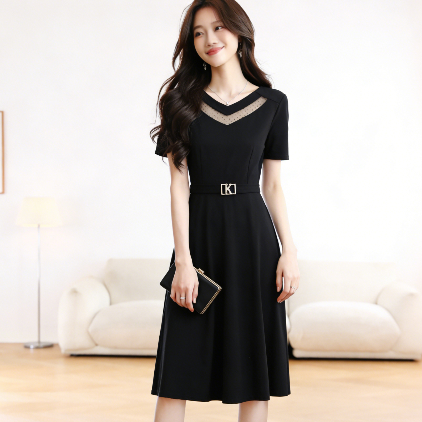 2026-summer-womens-plus-size-black-short-sleeve-a-line-midi-dress 2026 Summer Women's Plus Size Black Short Sleeve A-Line Midi Dress