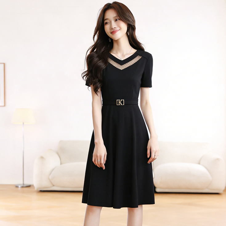 2026 Summer Women's Plus Size Black Short Sleeve A-Line Midi Dress