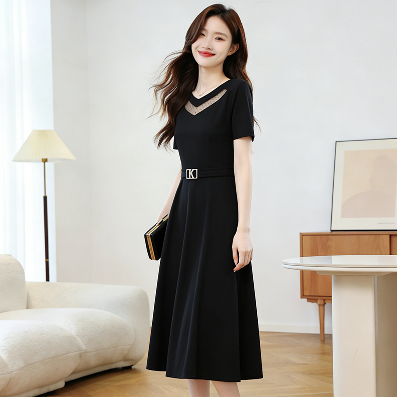 2026 Summer Women's Plus Size Black Short Sleeve A-Line Midi Dress
