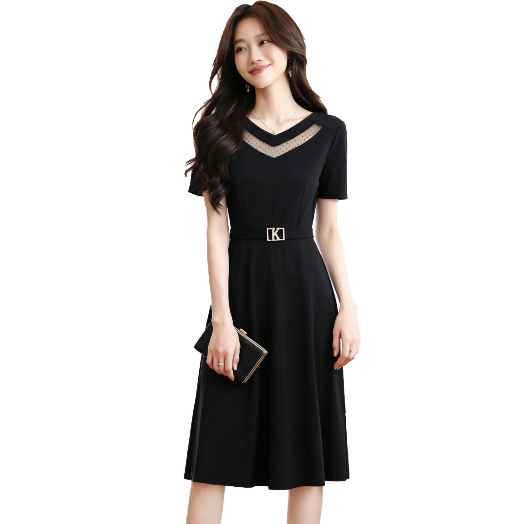 2026 Summer Women's Plus Size Black Short Sleeve A-Line Midi Dress