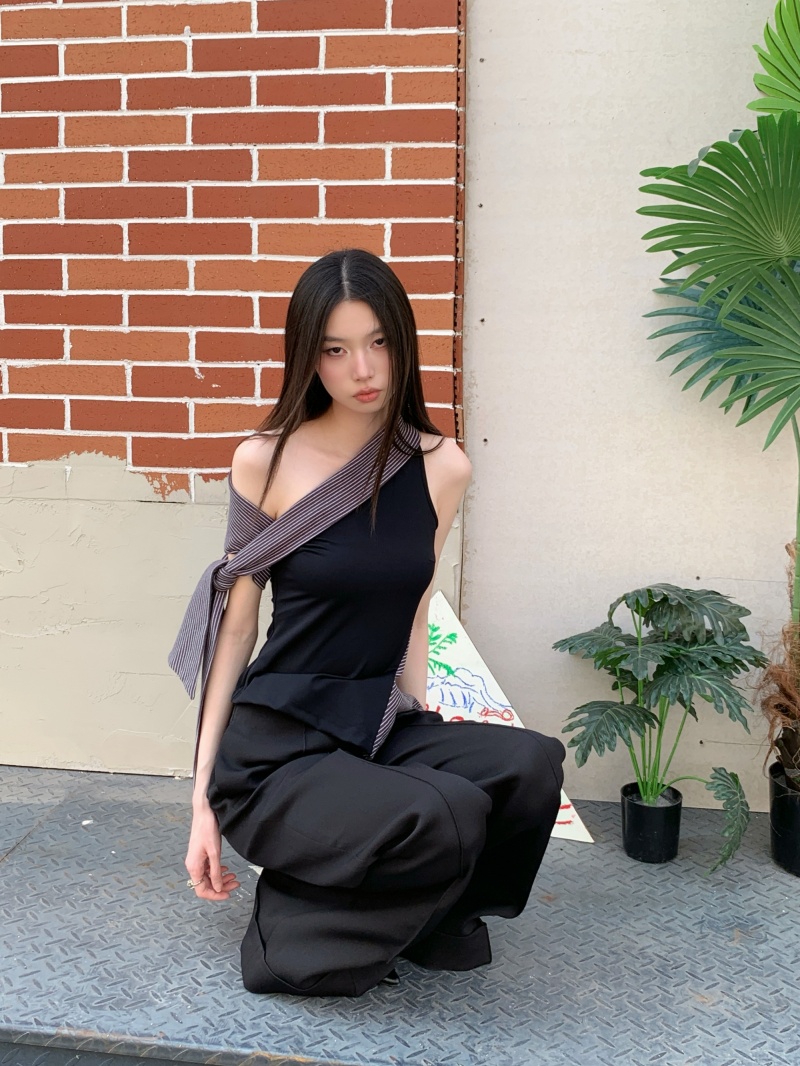 Black Off-Shoulder Striped Tank Top for Women
