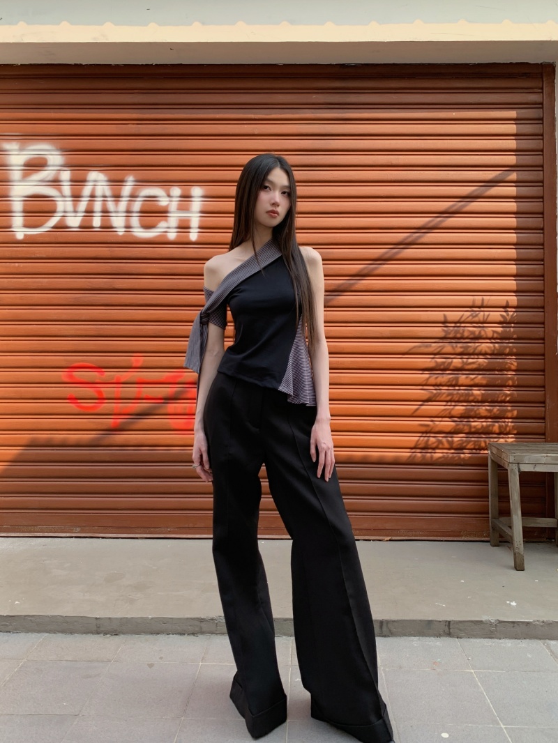 Black Off-Shoulder Striped Tank Top for Women