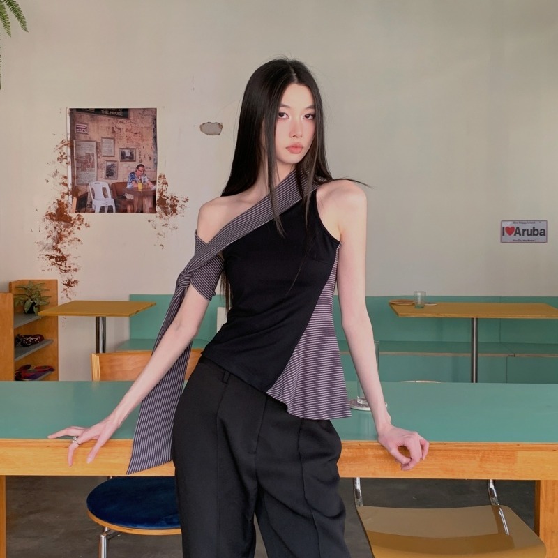 Black Off-Shoulder Striped Tank Top for Women