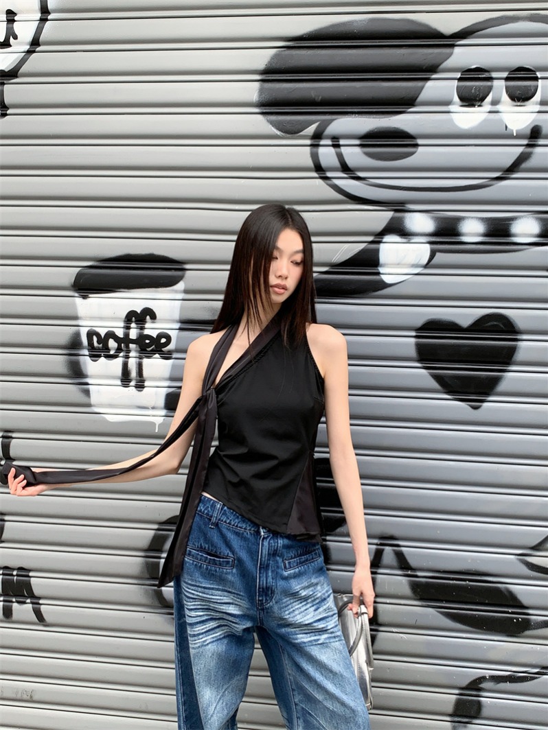 black-one-shoulder-asymmetric-tank-top-with-scarf-tie-and-cinched-waist Black One-Shoulder Asymmetric Tank Top with Scarf Tie and Cinched Waist