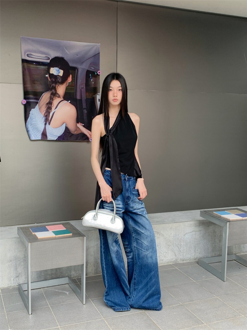 Black One-Shoulder Asymmetric Tank Top with Scarf Tie and Cinched Waist
