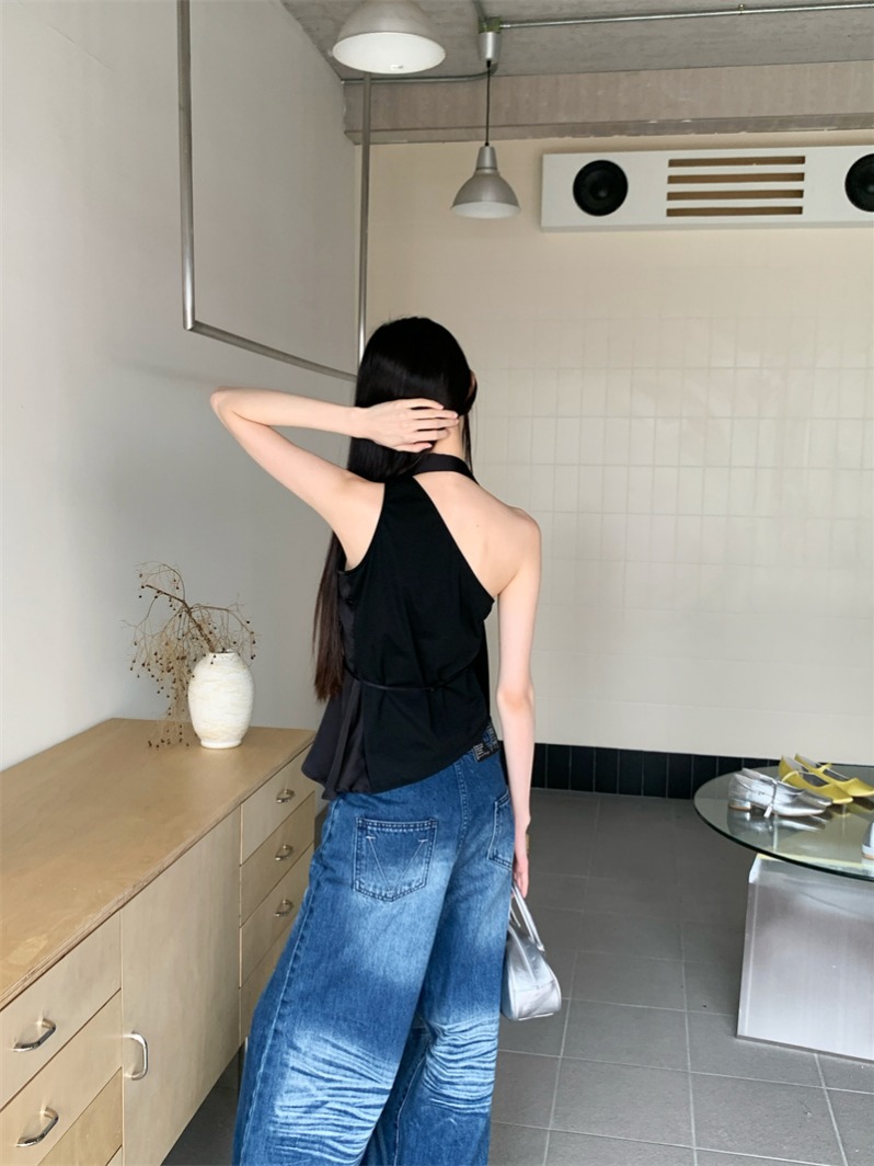 Black One-Shoulder Asymmetric Tank Top with Scarf Tie and Cinched Waist