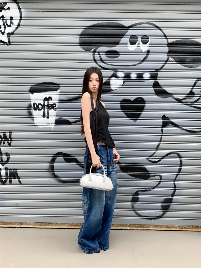 Black One-Shoulder Asymmetric Tank Top with Scarf Tie and Cinched Waist