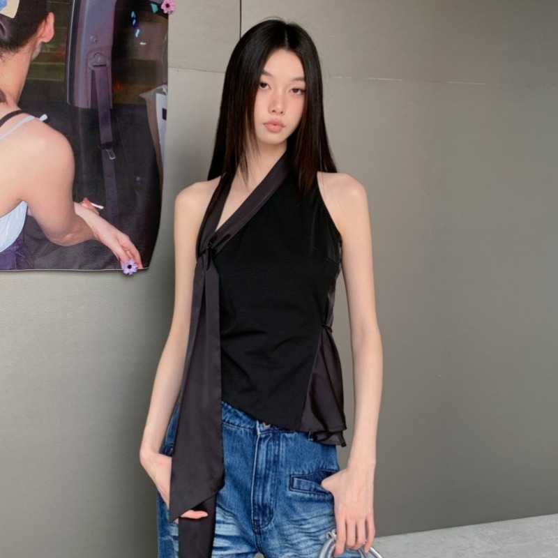 Black One-Shoulder Asymmetric Tank Top with Scarf Tie and Cinched Waist