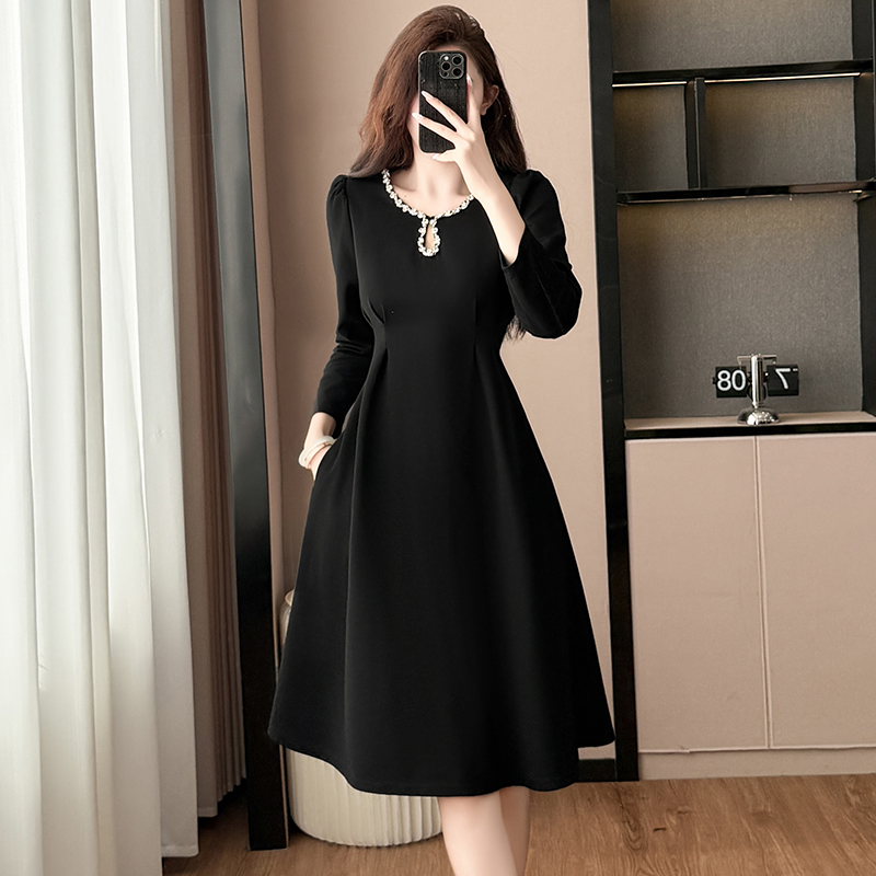 Black Slimming Plus Size Long Sleeve A-Line Dress for Women Spring 2026