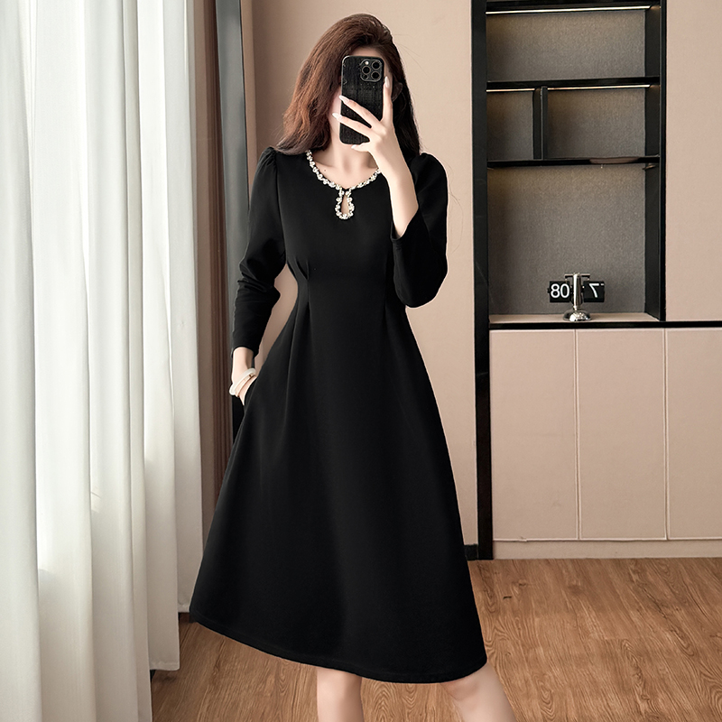 Black Slimming Plus Size Long Sleeve A-Line Dress for Women Spring 2026