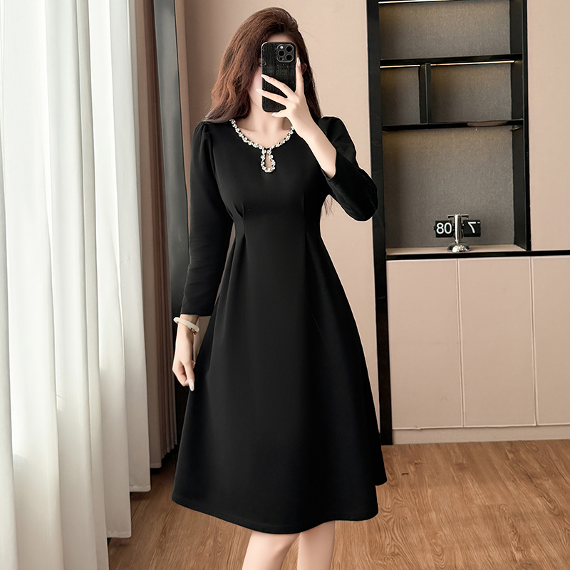 Black Slimming Plus Size Long Sleeve A-Line Dress for Women Spring 2026