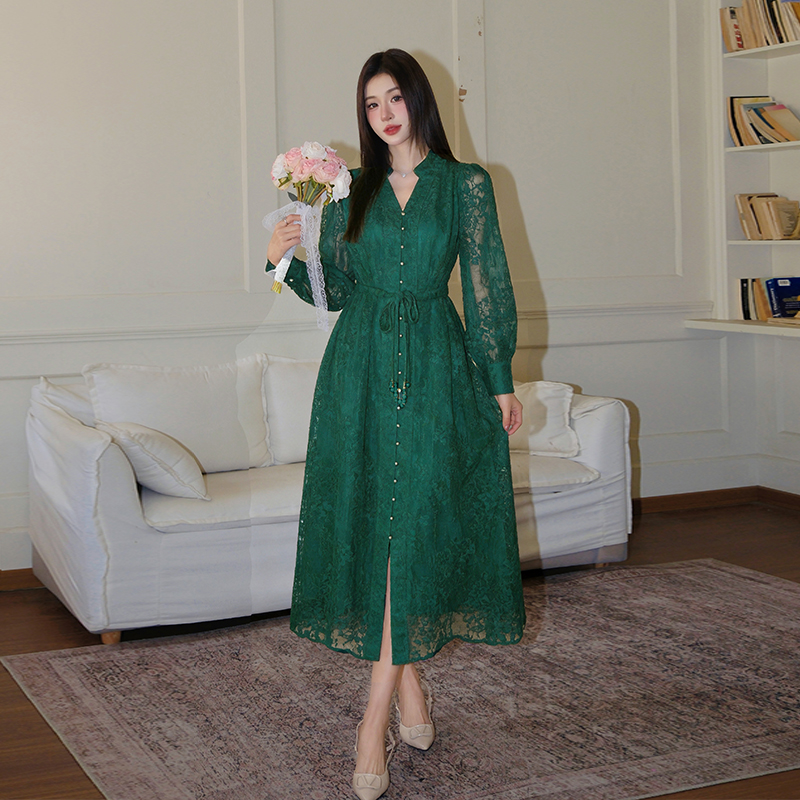 Elegant Embroidered V-Neck Lantern Sleeve A-Line Long Dress