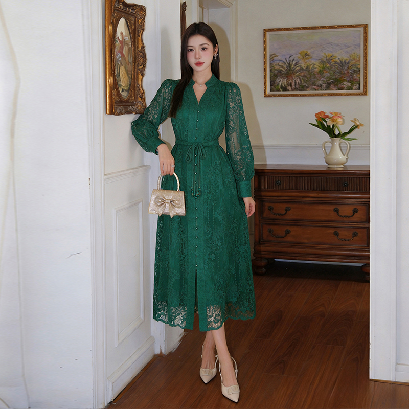 Elegant Embroidered V-Neck Lantern Sleeve A-Line Long Dress
