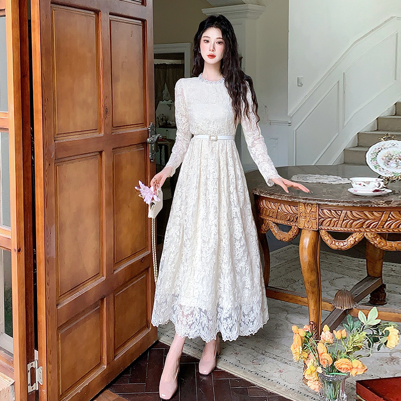 Elegant Hollow-Out Embroidered Beaded Long-Sleeve Lace Dress with Waist
