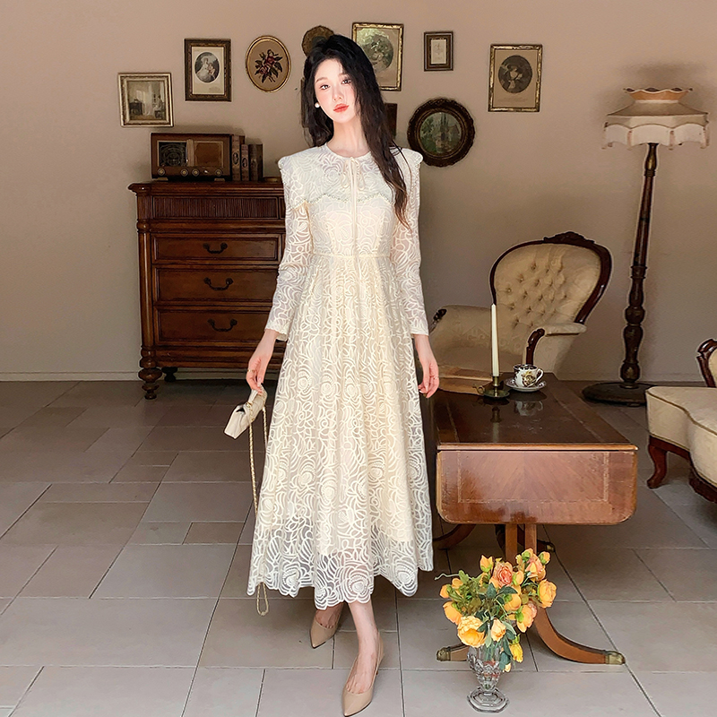 French Elegant Beaded Lace A-Line Long Dress