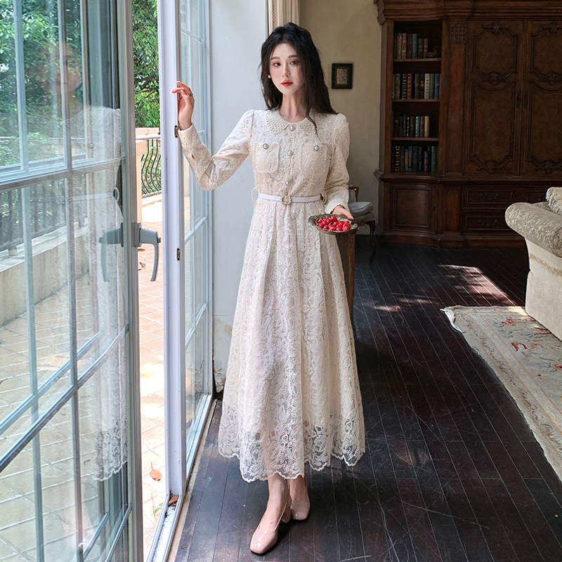 French Lace Long Sleeve A-Line Dress for Women Autumn Commute