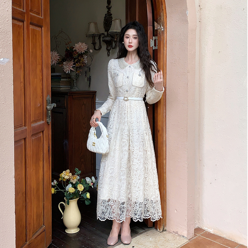 French Lace Long Sleeve A-Line Dress for Women Autumn Commute