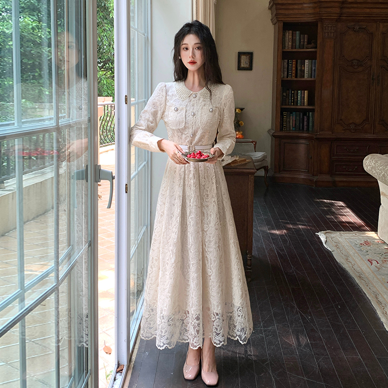 French Lace Long Sleeve A-Line Dress for Women Autumn Commute