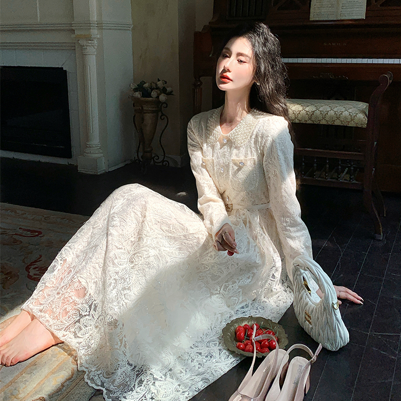 French Lace Long Sleeve A-Line Dress for Women Autumn Commute
