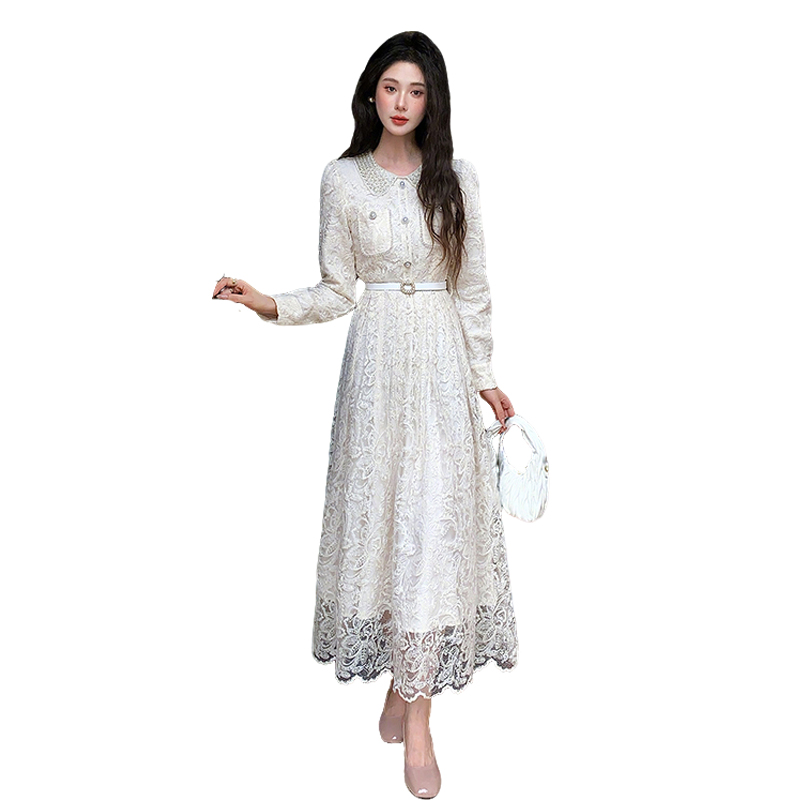 French Lace Long Sleeve A-Line Dress for Women Autumn Commute