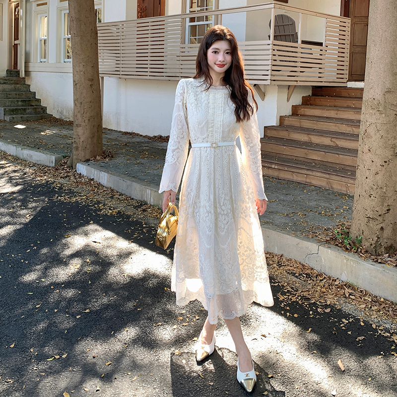 French Style Embroidered A-Line Dress with Waist Slimming