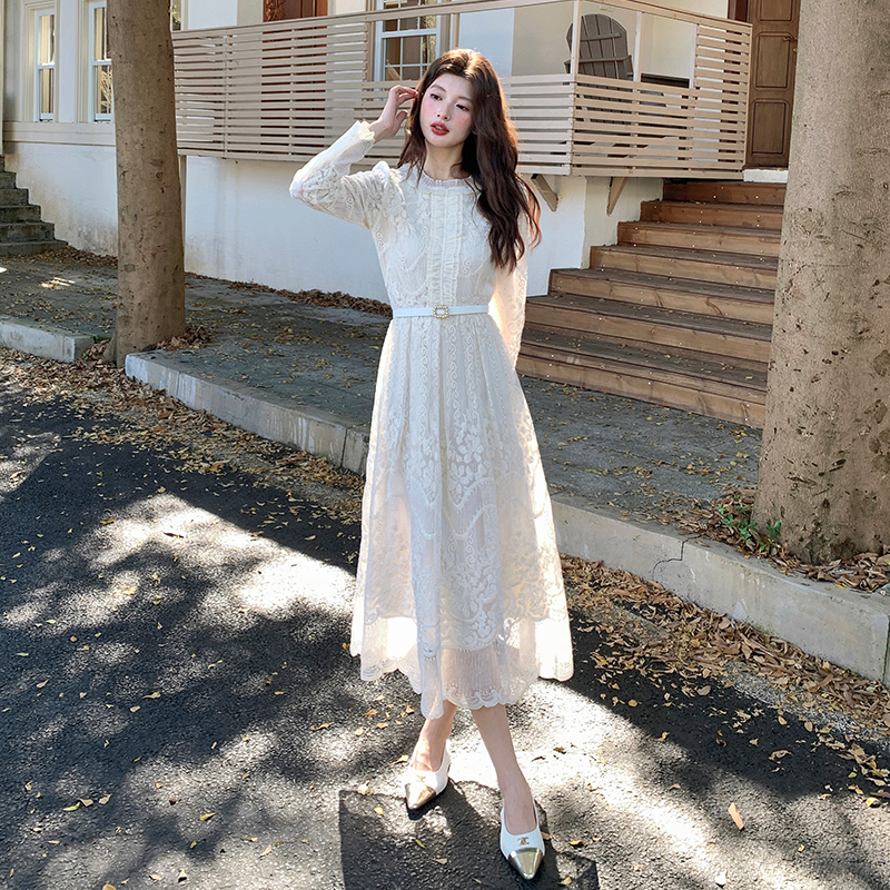 French Style Embroidered A-Line Dress with Waist Slimming