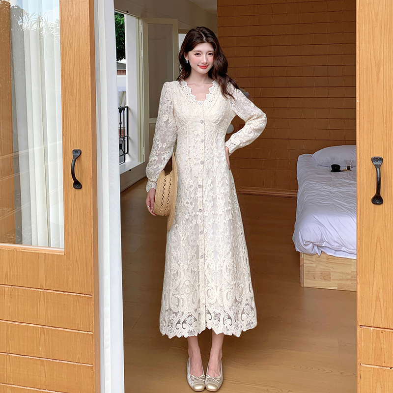 French Style Long Sleeve A-Line Midi Dress for Women