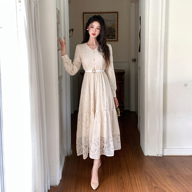french-style-long-sleeve-lace-a-line-dress-with-belt French Style Long Sleeve Lace A-Line Dress with Belt
