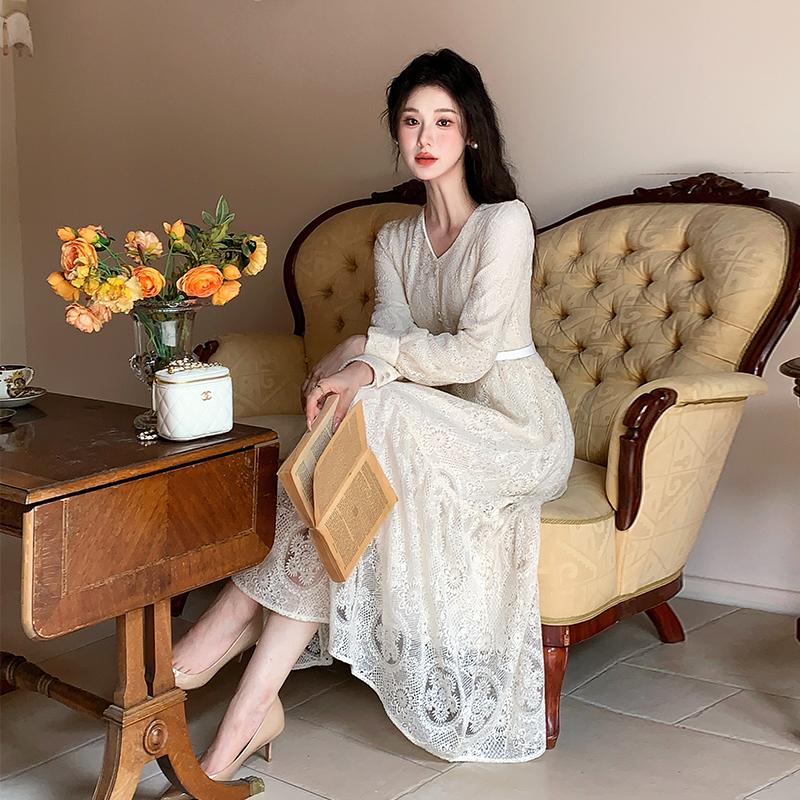 French Style Long Sleeve Lace A-Line Dress with Belt
