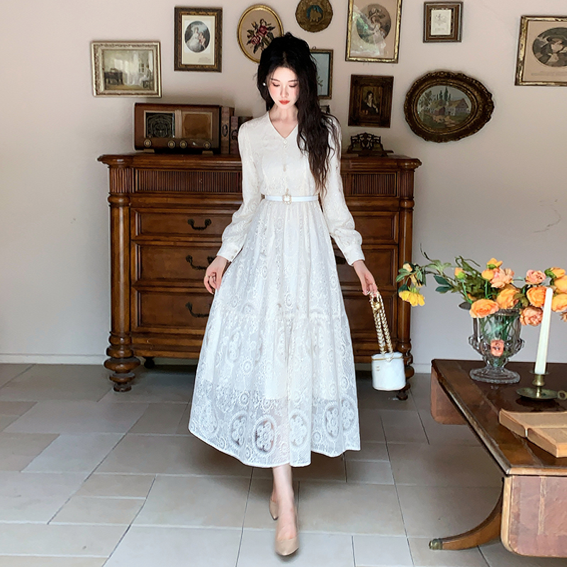 French Style Long Sleeve Lace A-Line Dress with Belt