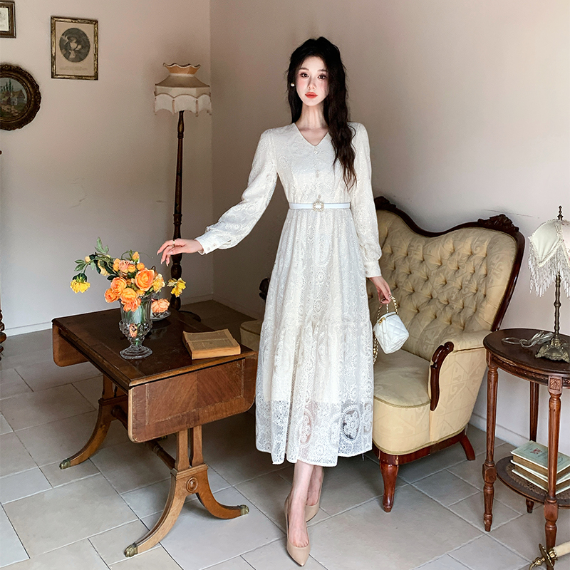 French Style Long Sleeve Lace A-Line Dress with Belt