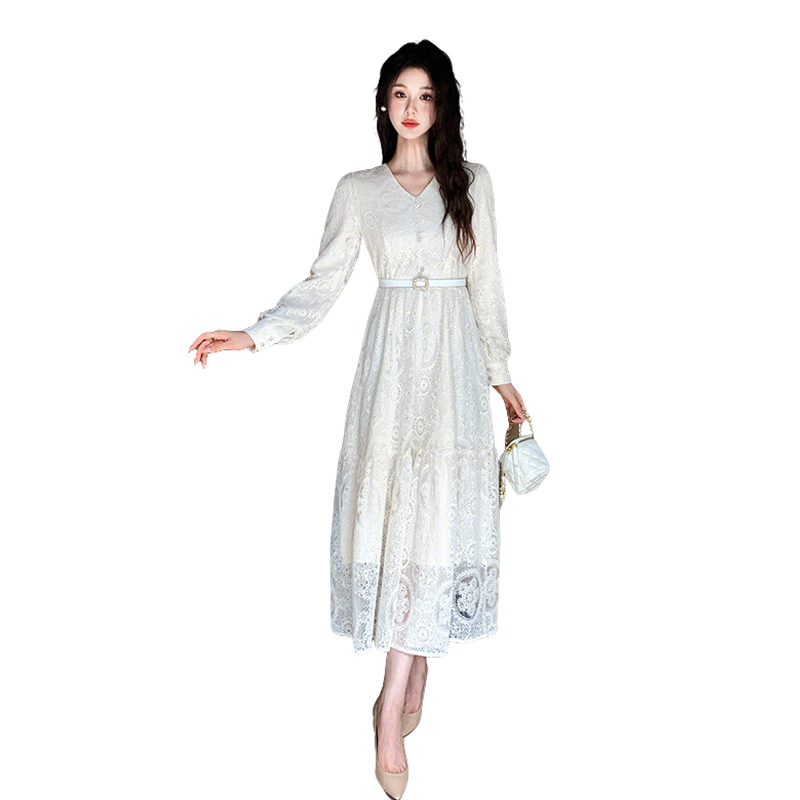 French Style Long Sleeve Lace A-Line Dress with Belt