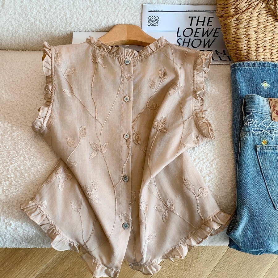 New Chinese Style Embroidered Floral Sleeveless Shirt for Women Summer Button Front Top