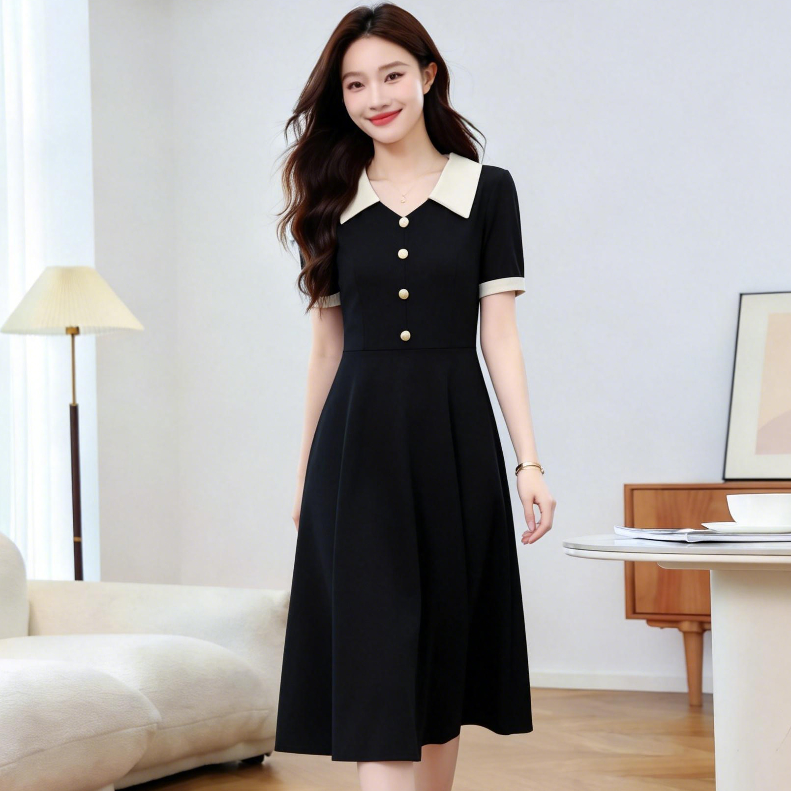 Plus Size Women's Color Block A-Line Midi Dress Short Sleeve Summer Office Wear