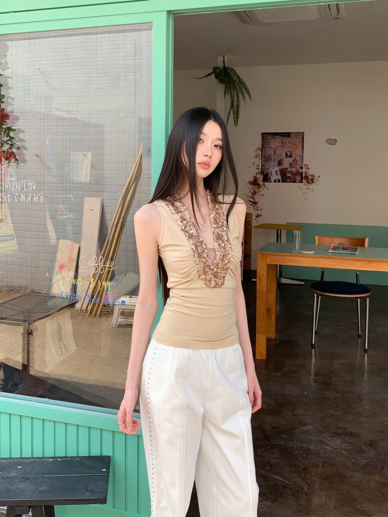Sequin Patchwork Slim Fit Camisole Retro High Stretch Base Tank Top