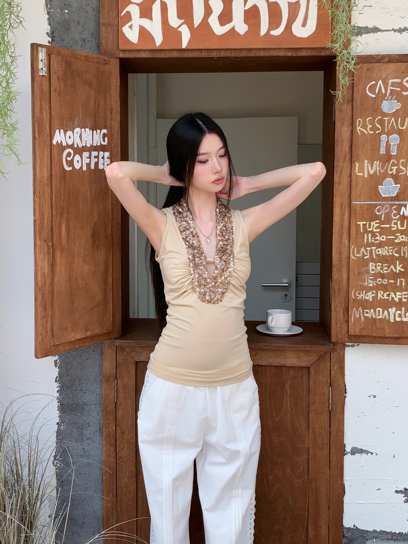 Sequin Patchwork Slim Fit Camisole Retro High Stretch Base Tank Top