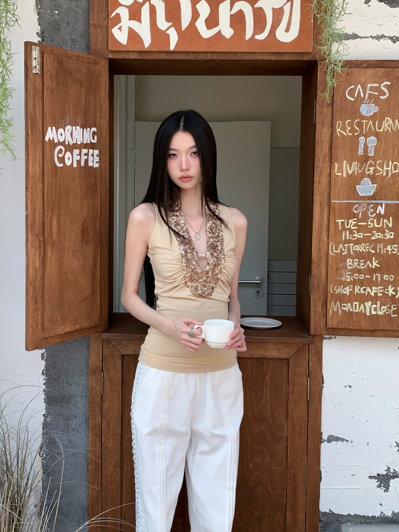 Sequin Patchwork Slim Fit Camisole Retro High Stretch Base Tank Top