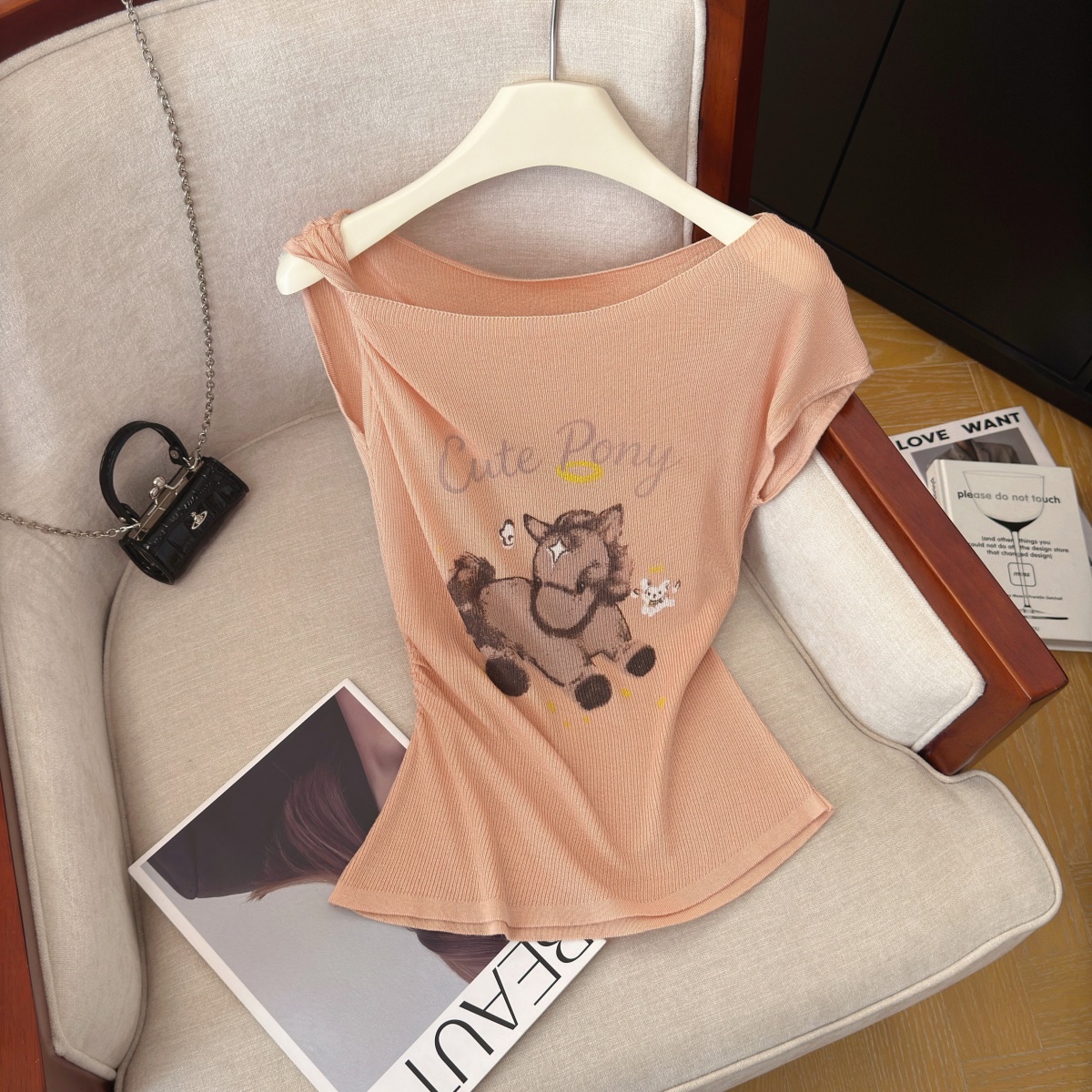 sexy-off-shoulder-knit-top-with-cartoon-print-short-sleeve-summer-new-design Sexy Off-Shoulder Knit Top with Cartoon Print Short Sleeve Summer New Design