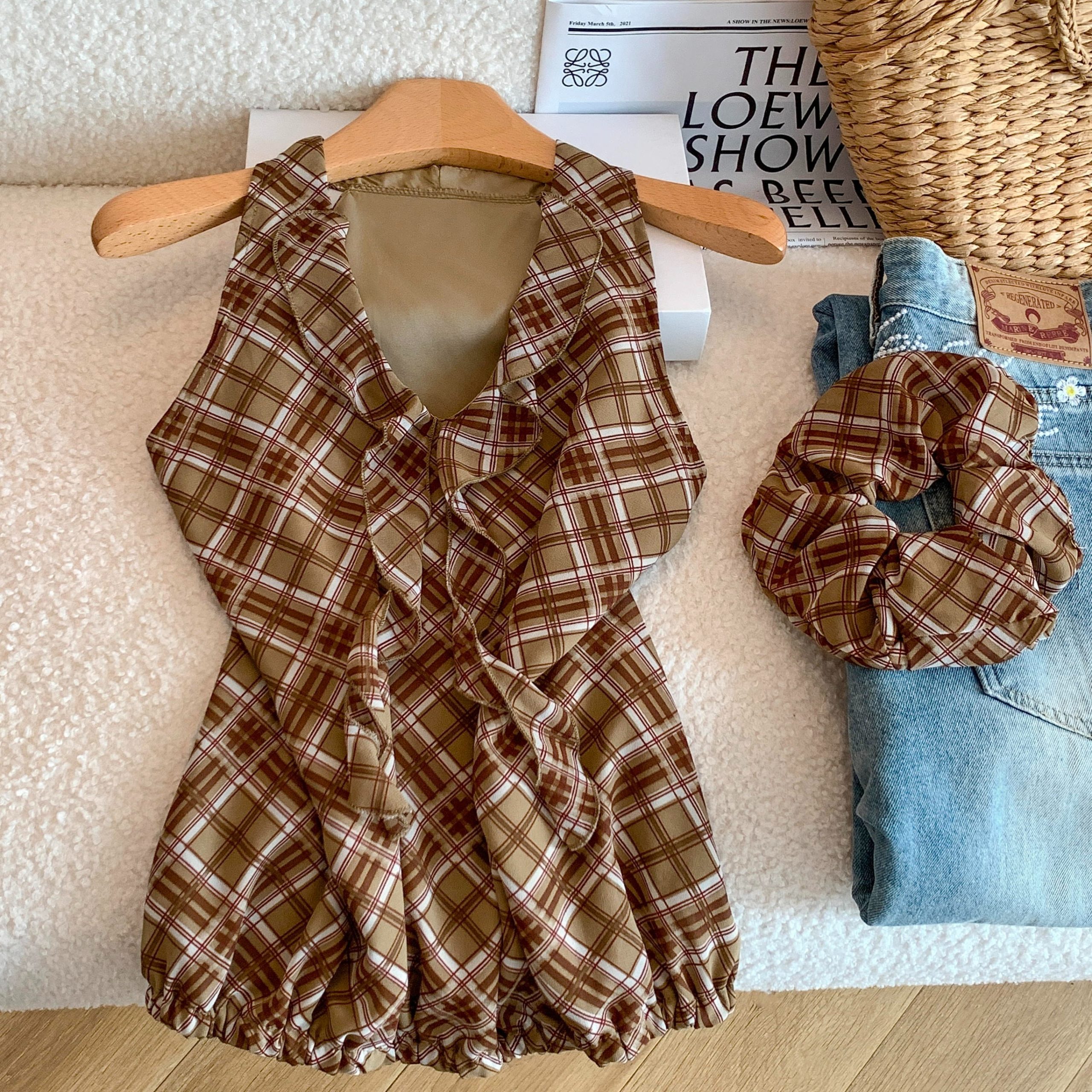 Sexy V-Neck Plaid Halter Cami Top for Women Summer Loose Fit Sleeveless