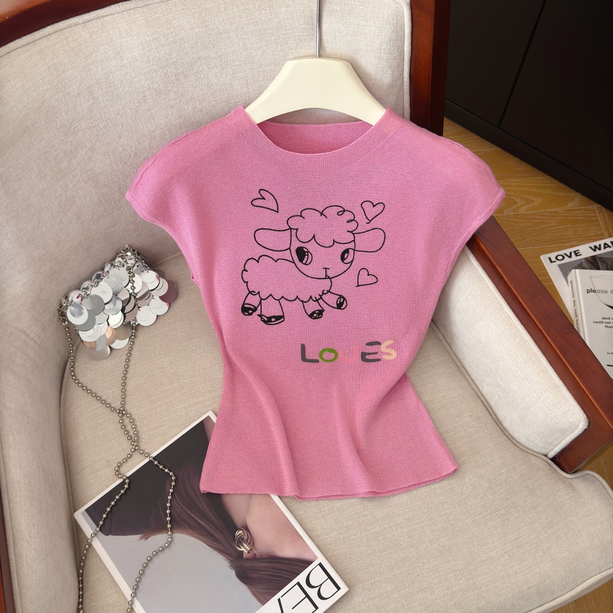 summer-cartoon-print-knit-short-sleeve-top-for-women Summer Cartoon Print Knit Short Sleeve Top for Women