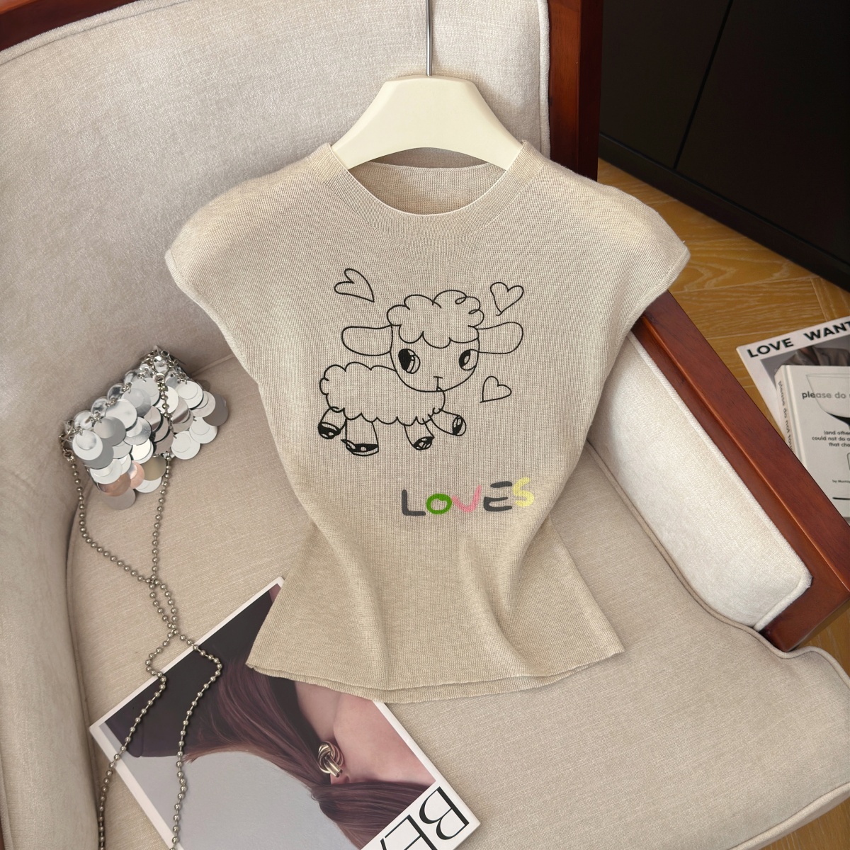 Summer Cartoon Print Knit Short Sleeve Top for Women