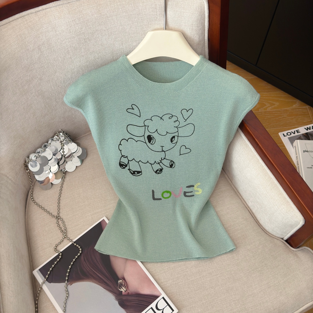 Summer Cartoon Print Knit Short Sleeve Top for Women