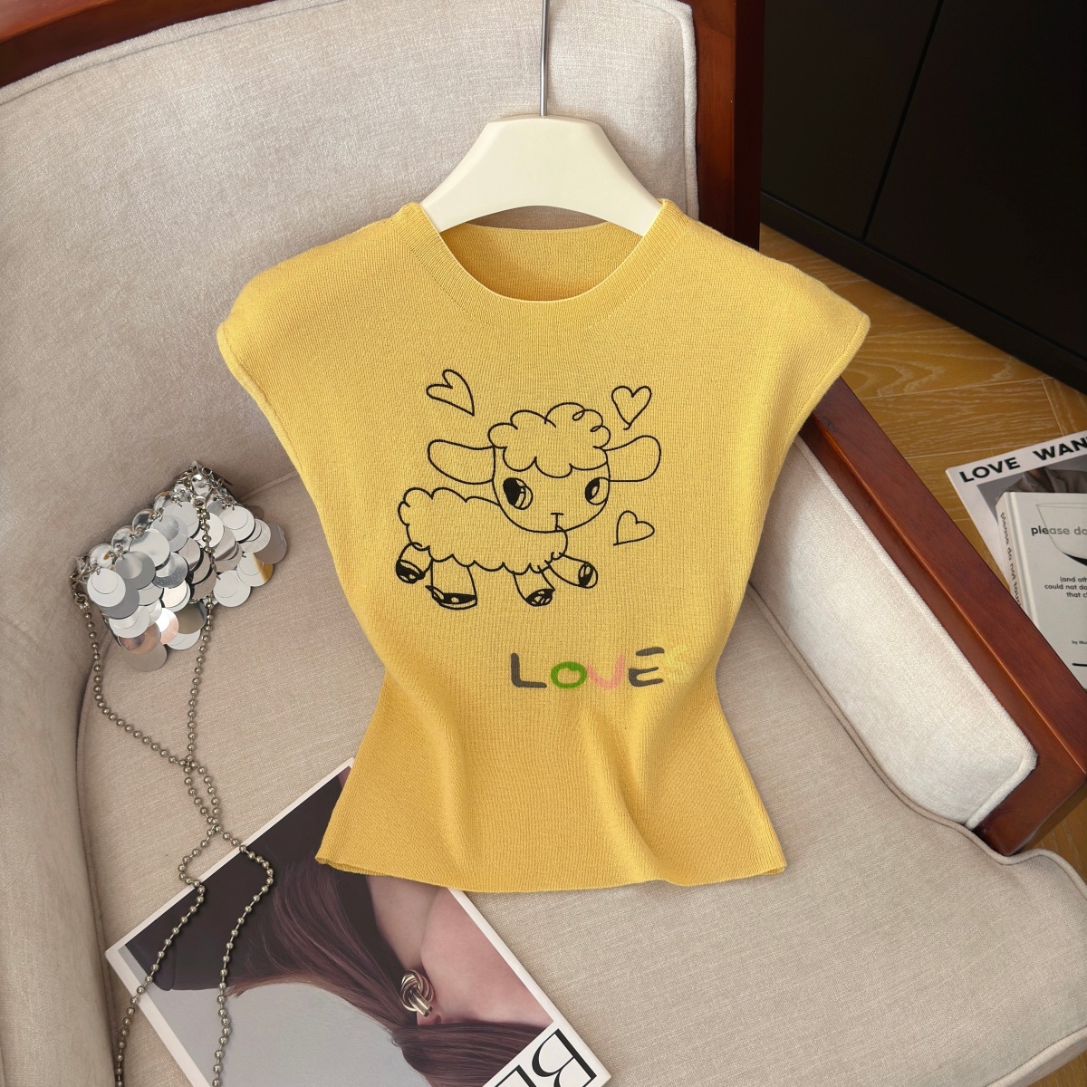 Summer Cartoon Print Knit Short Sleeve Top for Women