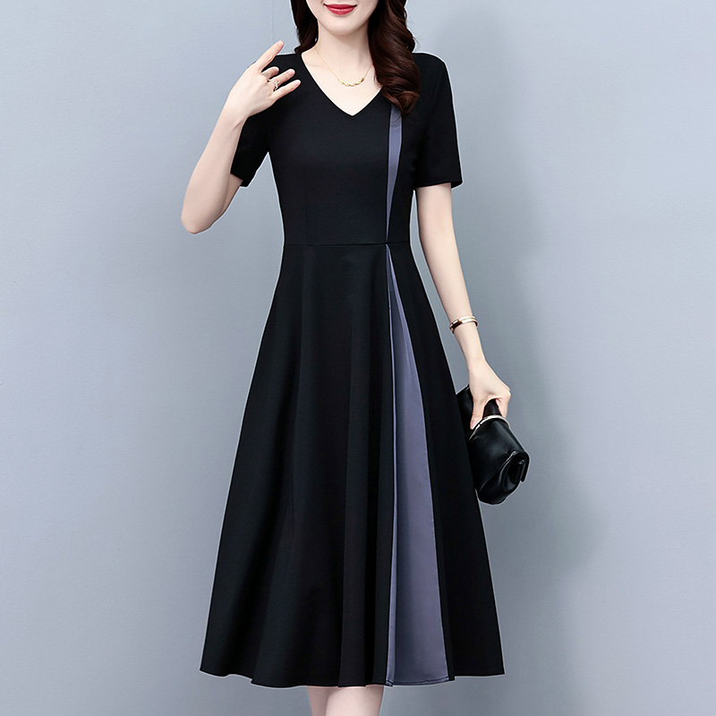 Summer Plus Size Color Block Short Sleeve Slimming Midi Dress