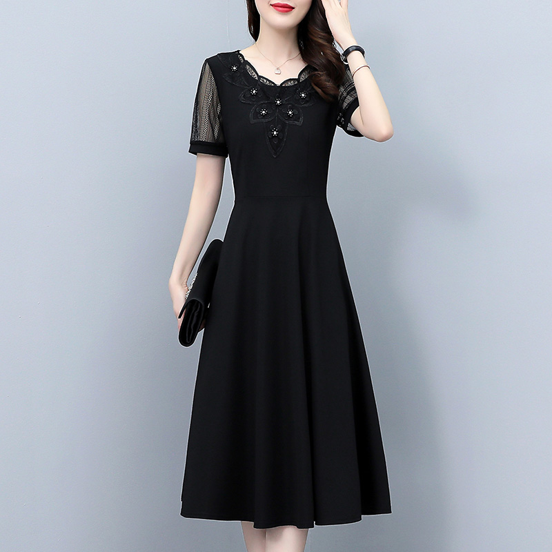 Summer Plus Size Hollow Lace Short Sleeve Slimming Midi Dress