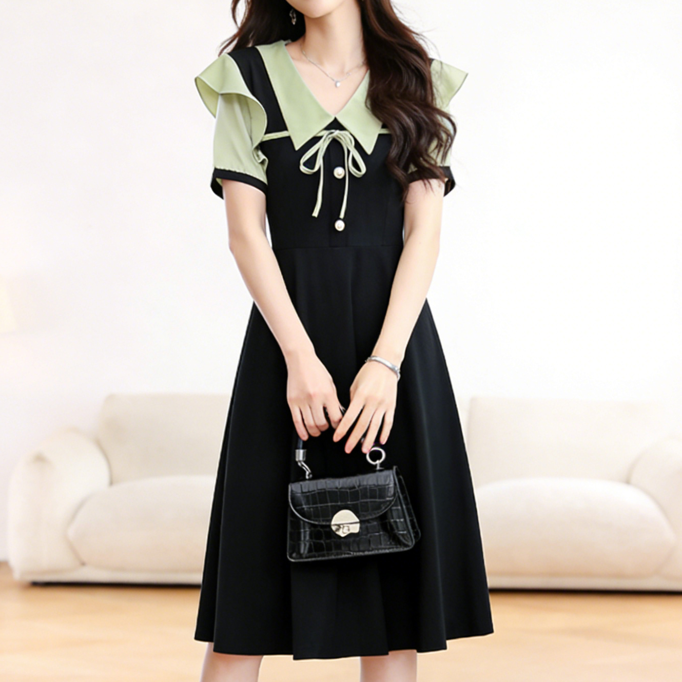 Summer Short Sleeve Doll Collar A-Line Midi Dress Plus Size