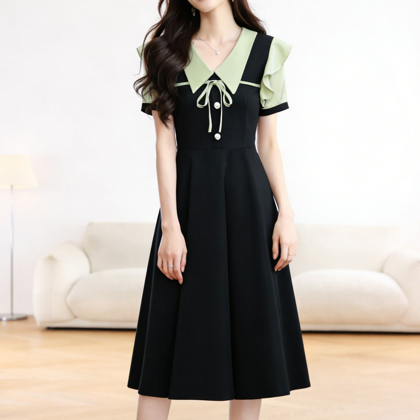 Summer Short Sleeve Doll Collar A-Line Midi Dress Plus Size