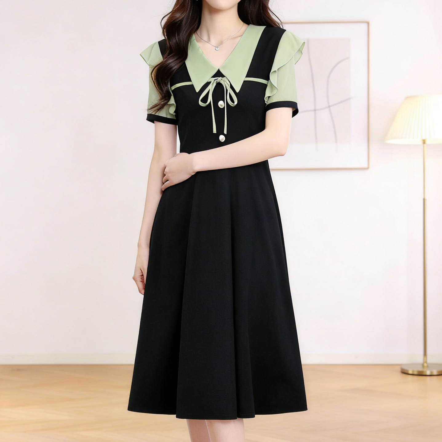 Summer Short Sleeve Doll Collar A-Line Midi Dress Plus Size