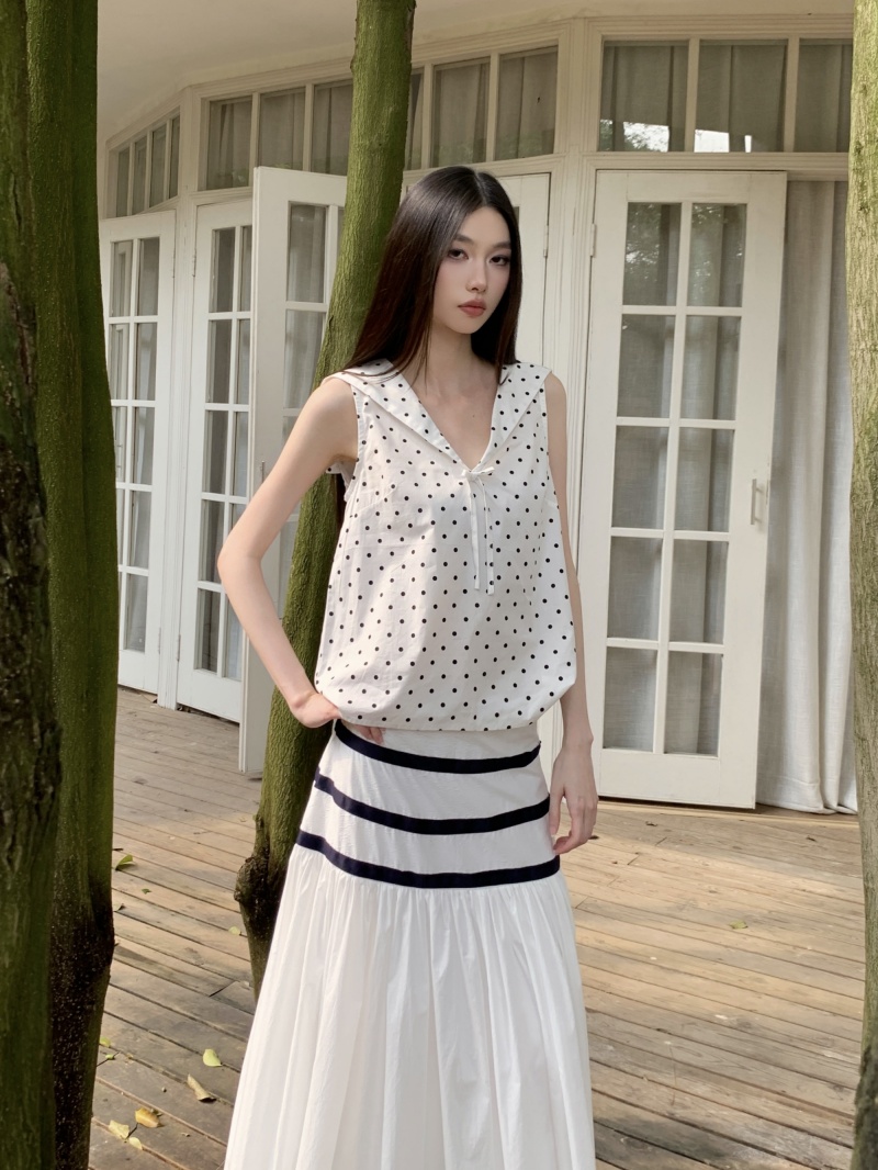 Summer White Polka Dot Sailor Collar Miu Style Cute Trendy Loose Casual Slimming Tank Top
